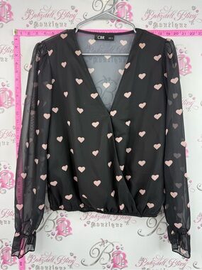 CBR shirt top Black Long Sleeve Heart Print Wrap Blouse - Pink Hearts